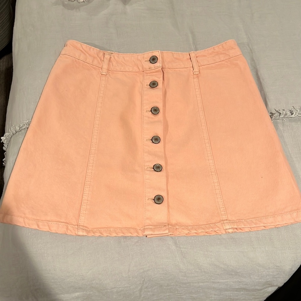 Pink button up denim skirt